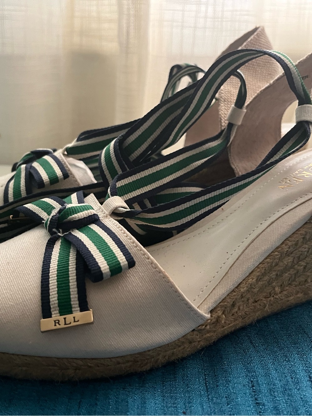 NEW Ralph Lauren Cream Canvas Espadrille Wedges with Green & Navy Striped Ribbon